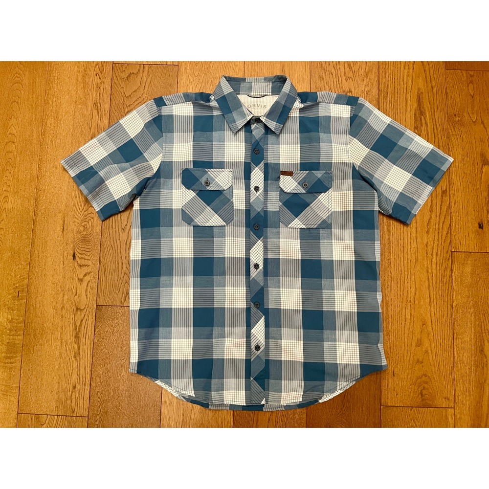 Orvis Guide Series Tech Plaid Shirt Large Blue White Microfiber Lens Cloth